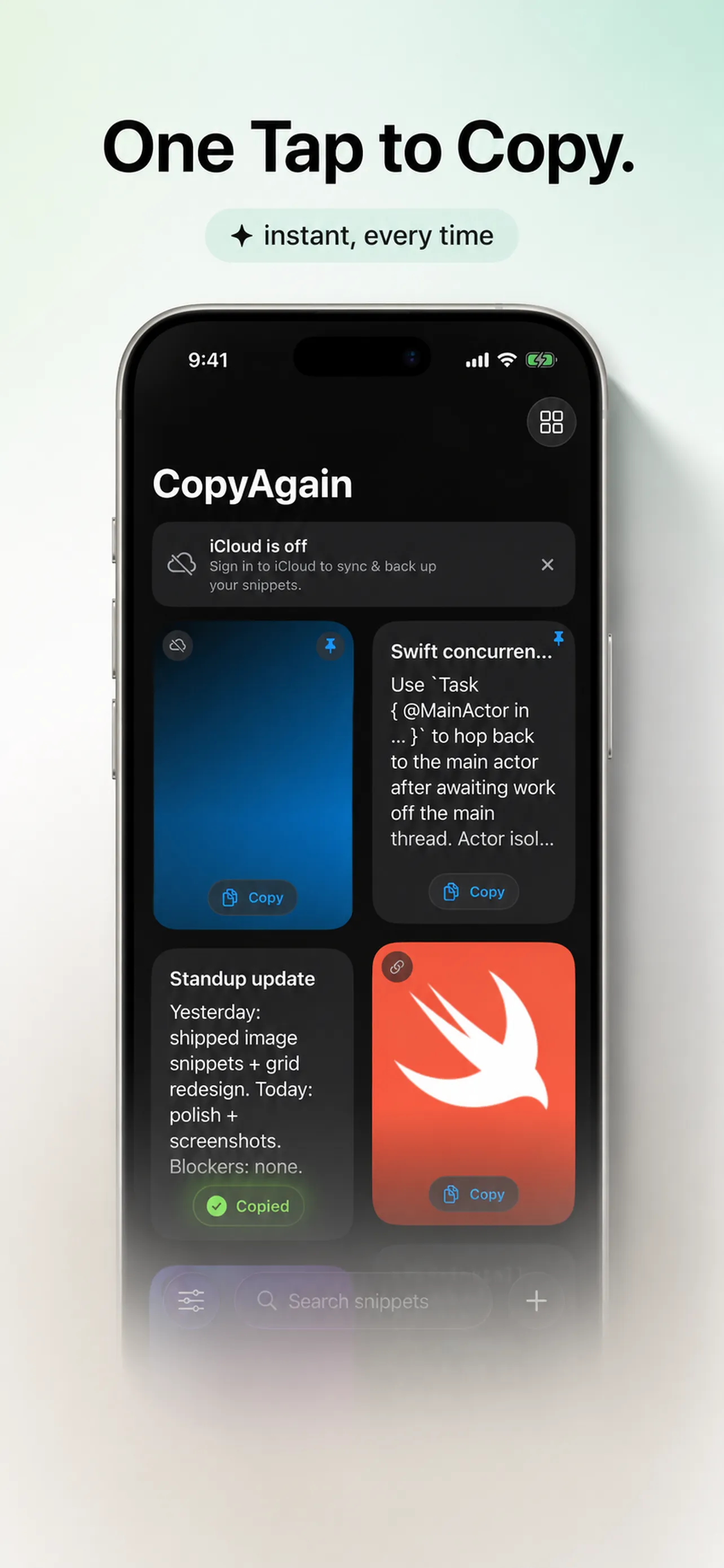 CopyAgain home with snippet cards and one-tap Copy buttons