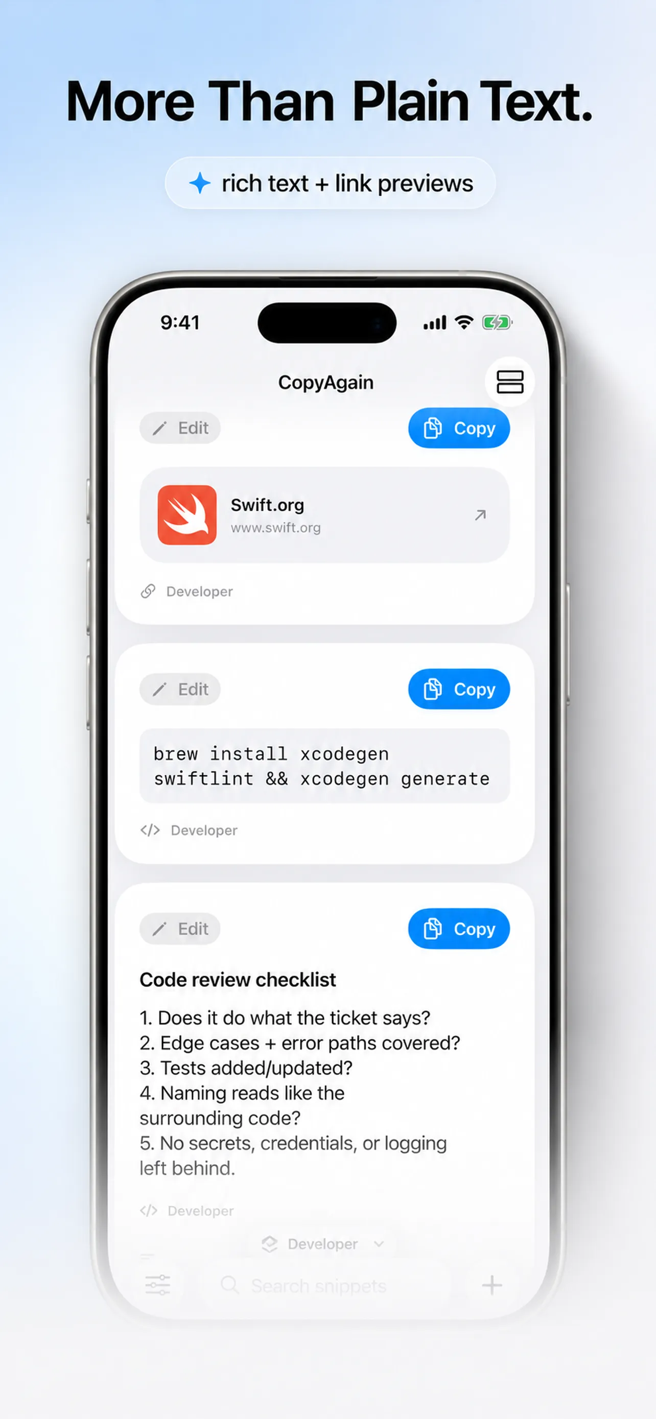 A link preview, a code snippet, and a checklist in CopyAgain
