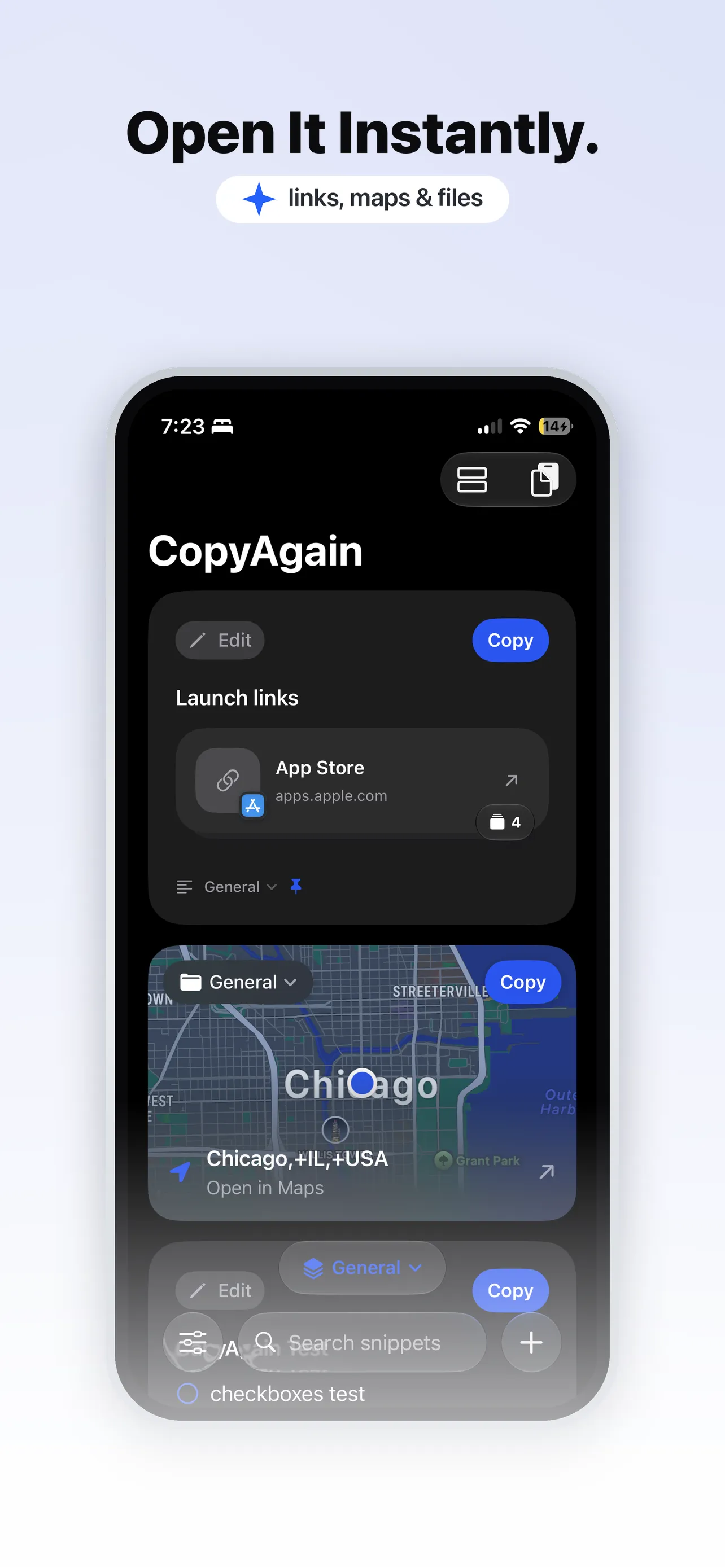 A launch link and a live Chicago map card in CopyAgain