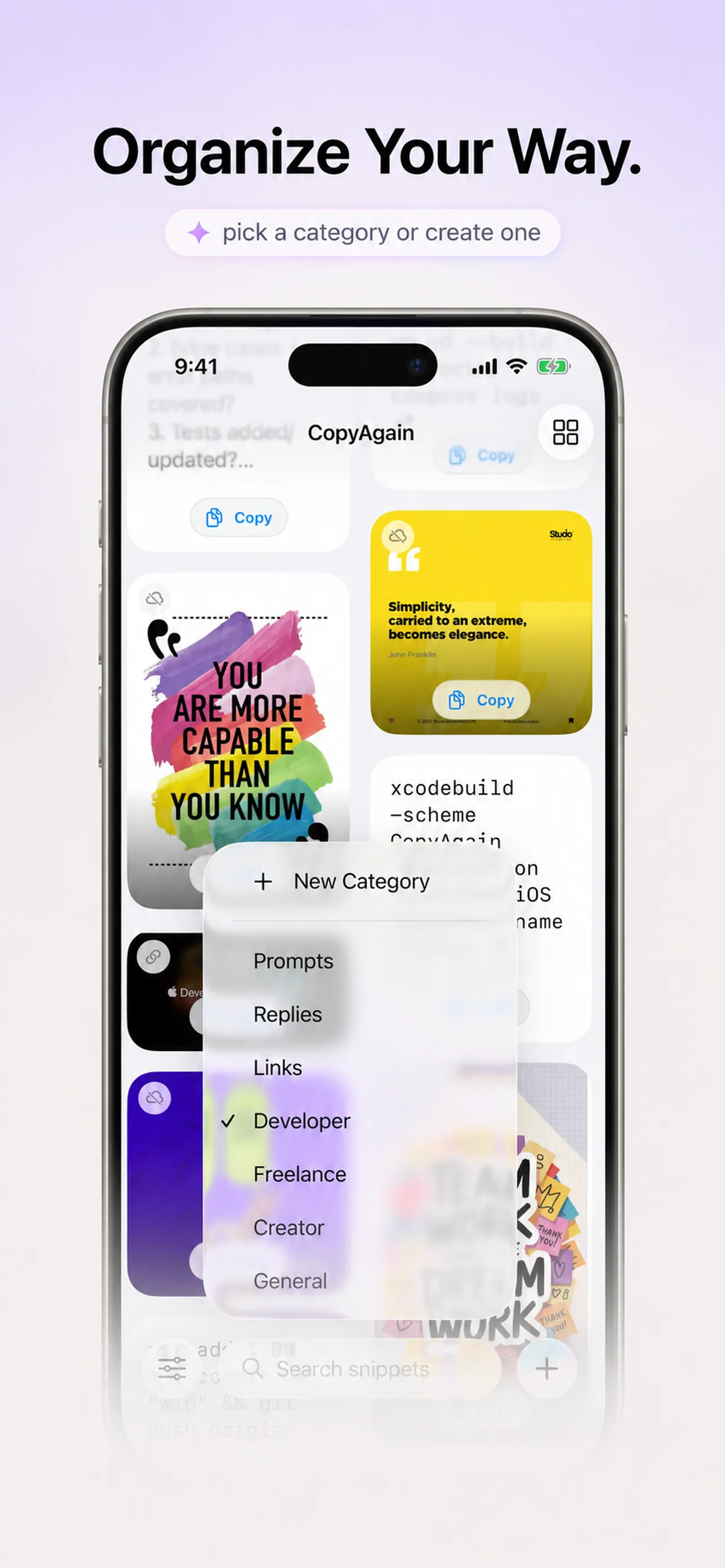 Choosing a category from the CopyAgain category menu