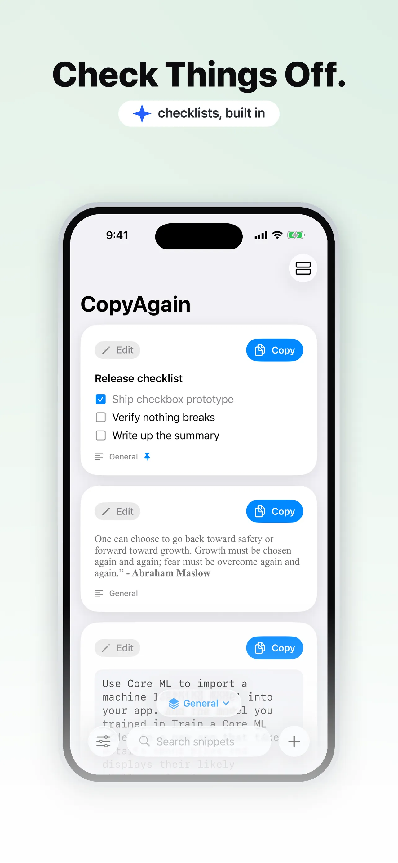 A built-in checklist with items being checked off