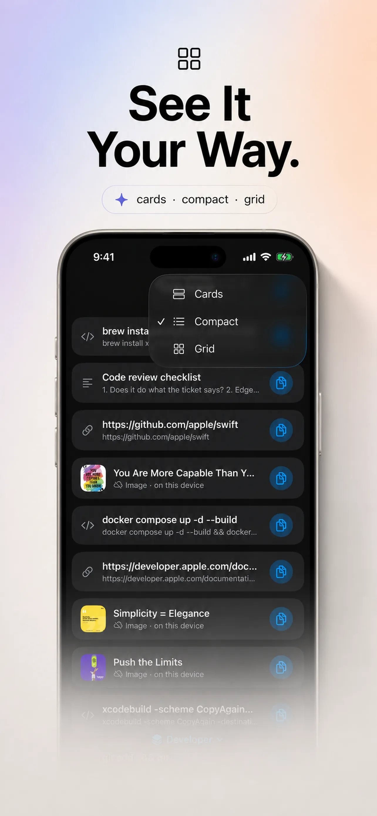 Switching between cards, compact, and grid layouts